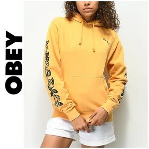 OBEY graphic hoodie, dark yellow, cotton blend, pullover hoodie, pocket, size M
